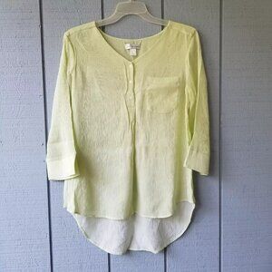 Christopher & Banks L Large High-Low Top Green V-Neck Quarter Button 3/4 Sleeve